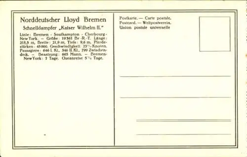 Ak Norddeutscher Lloyd Bremen, Dampfer Kaiser Wilhelm II