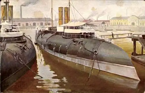 Künstler Ak Rave, Chr., Marinegalerie Nr 215, Französische Küstenpanzerboote bei Cherbourg, 1907