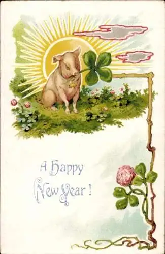 Präge Litho Glückwunsch Neujahr, Schwein, Kleeblätter, Sonnenaufgang