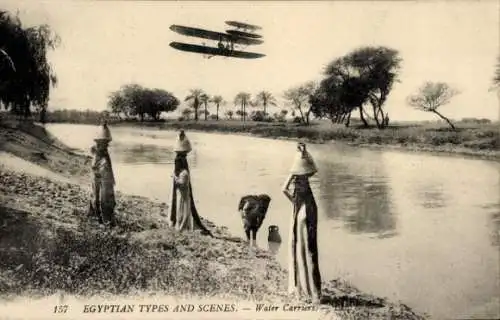 Ak Egyptian Types and Scenes, Water Carriers, Aeroplane