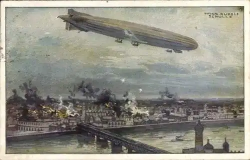 Künstler Ak Schulze, Hans Rudolf, Zeppelin, Luftschiff Schütte Lanz, Warschau bombardierend, I. WK