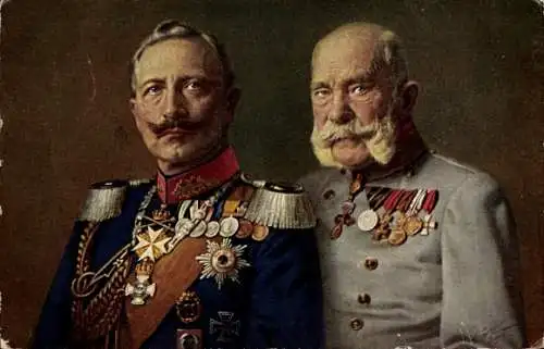 Künstler Ak Kaiser Wilhelm II., Kaiser Franz Joseph I., Portrait, Orden, Uniform