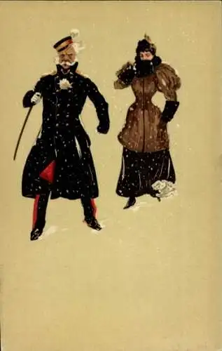 Litho Liebespaar, Soldat in Uniform, Winterkleidung