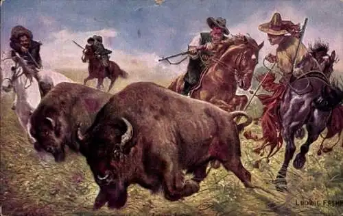 Künstler Ak Fromme, Ludwig, Männer auf der Bisonjagd