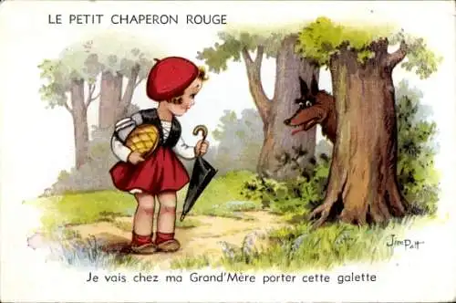 Künstler Ak Patt, Jim, Le Petit Chaperon Rouge, Rotkäppchen mit Kuchen, Wolf