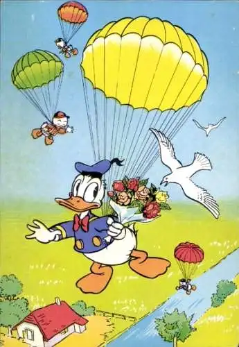 Ak Walt Disney, Donald Duck und Neffen, Fallschirme, Blumenstrauß