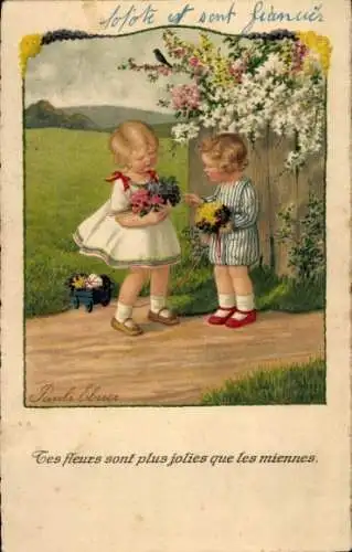 Künstler Litho Ebner, Pauli, Tes fleurs sont plus jolies que les miennes, Kinder, Blumen