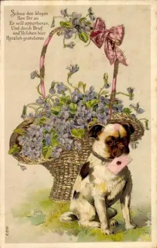 Präge Litho Glückwunsch Geburtstag, Blumenkorb, Hund mit Brief