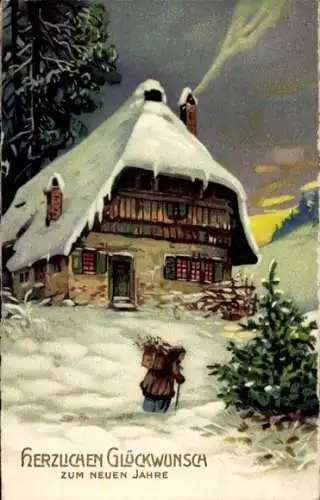 Ak Frohe Weihnachten, Haus im Schnee, Frau mit Brennholz, Winterszene, Amag 1888