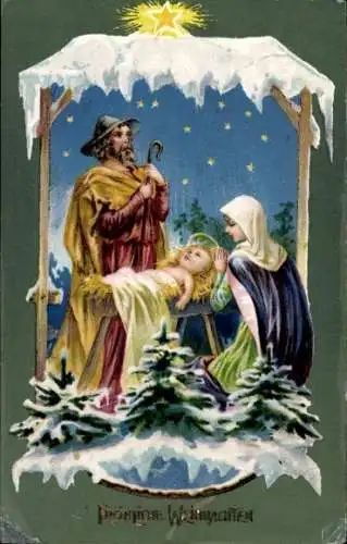 Winter Präge Litho Glückwunsch Weihnachten, Heilige Familie mit Christkind im Stroh