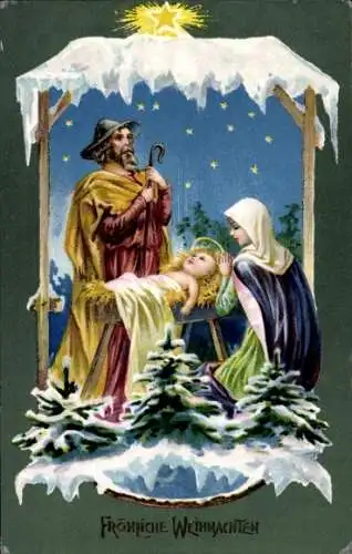 Winter Präge Litho Glückwunsch Weihnachten, Heilige Familie mit Christkind im Stroh