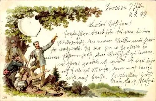 Litho Gruß vom Rhein, Wanderer pausieren unter einem Baum, Wappen