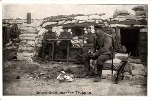 Ak Unterstände unserer Truppen, Schützengraben, Soldaten, Sandsäcke