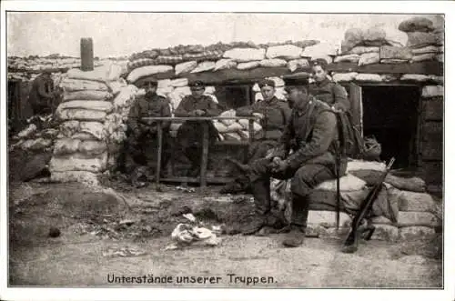 Ak Unterstände unserer Truppen, Schützengraben, Soldaten, Sandsäcke