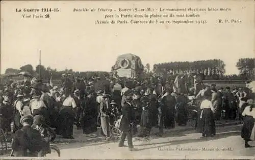 Ak Barcy Seine et Marne, Victoire de la Marne, Monument, I. WK