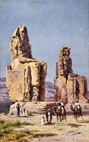 Künstler Ak Perlberg, F., Theben Ägypten, The Colosses at Thebes, Kamele