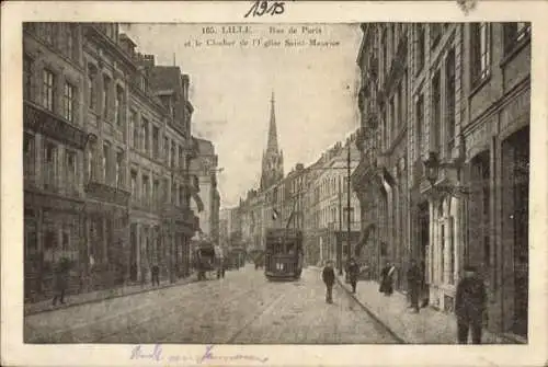 Ak Lille Nord, Rue de Paris et le Clocher e l'Eglise Saint Maurice