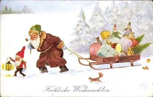 Künstler Ak Wills, John, Glückwunsch Weihnachten, Weihnachtsmann mit Schlitten, Geschenke, Zwerg