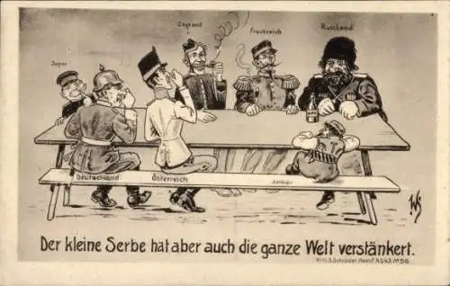 Künstler Ak Scheuermann, Willi, Der kleine Serbe hat die ganze Welt verstänkert, Karikatur