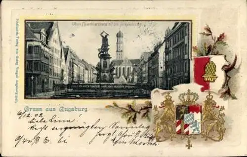 Präge Ak Augsburg in Schwaben, Maximillianstraße mit Brunnen, Wappen