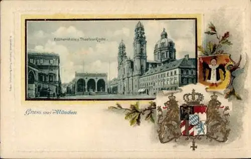 Präge Ak München, Feldherrnhalle, Theatinerkirche, Wappen