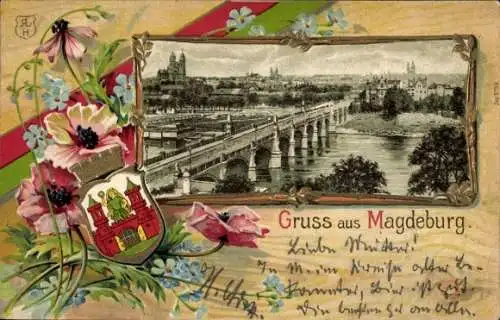 Passepartout Präge Wappen Litho Magdeburg in Sachsen Anhalt, Elbpartie mit Brücke, Kirche