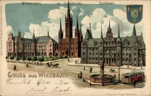 Litho Wiesbaden in Hessen, Töchterschule, ev. Hauptschule, Rathaus, Wappen