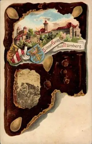 Litho Nürnberg in Mittelfranken, Teilansicht, Burg, Wappen, Lebkuchen