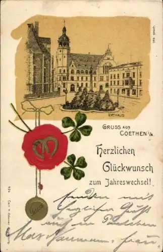 Litho Köthen in Anhalt, Rathaus, Neujahr