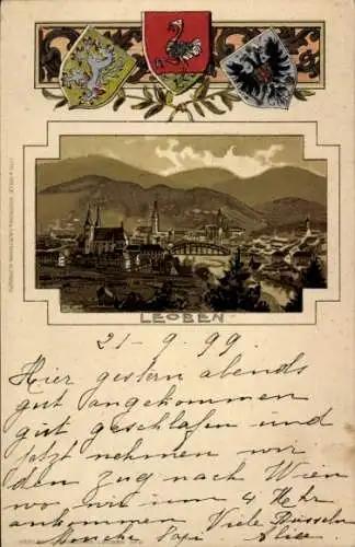 Präge Wappen Passepartout Litho Leoben Steiermark, Gesamtansicht