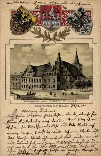 Wappen Passepartout Litho Sommerfeld Kremmen in Brandenburg, Rathaus, Stadtpfarrkirche