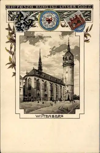 Präge Wappen Künstler Litho Loesch, E., Lutherstadt Wittenberg, Schlosskirche, Fröhliches Neujahr