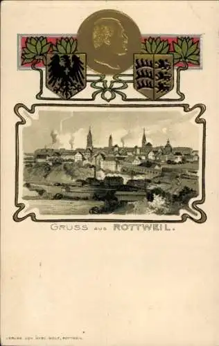 Präge Wappen Passepartout Litho  Rottweil am Neckar, Teilansicht