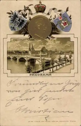 Präge Wappen Litho Frankfurt an der Oder, Panorama, Brücke, Kaiser Wilhelm II.