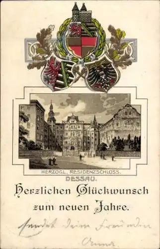 Wappen Ak Dessau in Sachsen Anhalt, Herzogl. Residenzschloss, Glückwunsch Neujahr