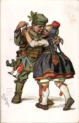 Künstler Ak Beithan, Emil,Junge als Soldat, Abschied von der Geliebten, Mädchen in hessischer Tracht