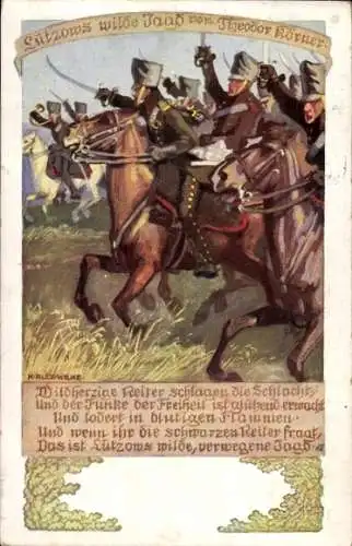 Künstler Ak Wilke, K. A., Lützows wilde Jagd, Gedicht von Theodor Körner, Reiter