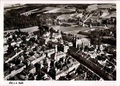 Ak Hof an der Saale Oberfranken Bayern, Hotel Strauß, Fliegeraufnahme