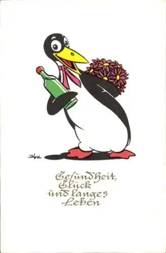 Ak Glückwunsch Geburtstag, Pinguin mit Blumenstrauß und Weinflasche