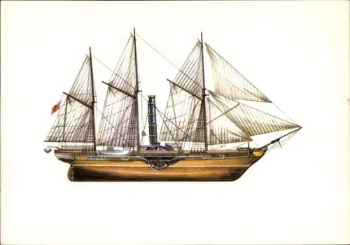 Künstler Ak Raddampfer James Watt von 1845, Segelschiff