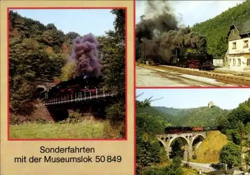 Ak Deutsche Eisenbahn, Museumslokomotive 50 849 mit Sonderzug, Brücke, Bahnhöfe Thüringen