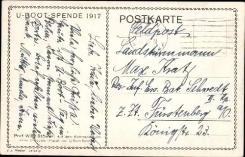 Künstler Ak Stöwer, Willy, Deutsches U Boot, Unterseeboot, Kaiserliche Marine, U-Boot-Spende 1917