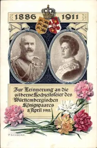 Künstler Ak Schnorr, König Wilhelm II v. Württemberg, Königin Charlotte, Silberhochzeit 1911, Wappen