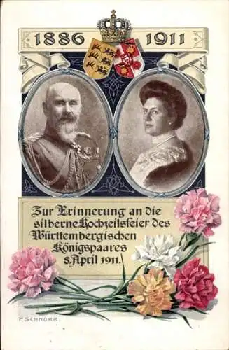 Künstler Ak Schnorr, König Wilhelm II v. Württemberg, Königin Charlotte, Silberhochzeit 1911, Wappen