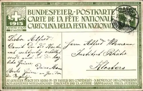 Künstler Ak v. Muvden, Bundesfeier 1915, Helvetia, Kriegsflüchtlinge