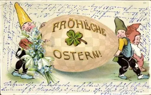 Litho Glückwunsch Ostern, Zwerge schleppen ein Osterei, Kleeblatt, Vergissmeinnicht