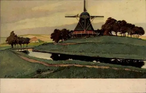 Künstler Litho Köster, E., Worpswede, Ansicht einer Windmühle am Wasser, Meißner Buch 1272