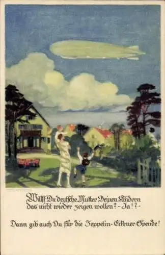 Künstler Ak Amtsberg, Otto, Deutsche Mutter zeigt Kindern Luftschiff, Zeppelin Eckener Spende