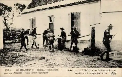 Ak Britische Kolonialsoldaten in Belgien untersuchen Bauernhaus, 1914, I. WK