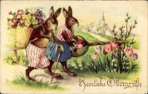 Künstler Ak Ostern, Osterhasen, Ostereier